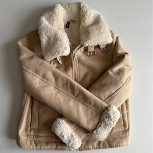 H&M Tan Jacket with Cream Faux Fur Collar